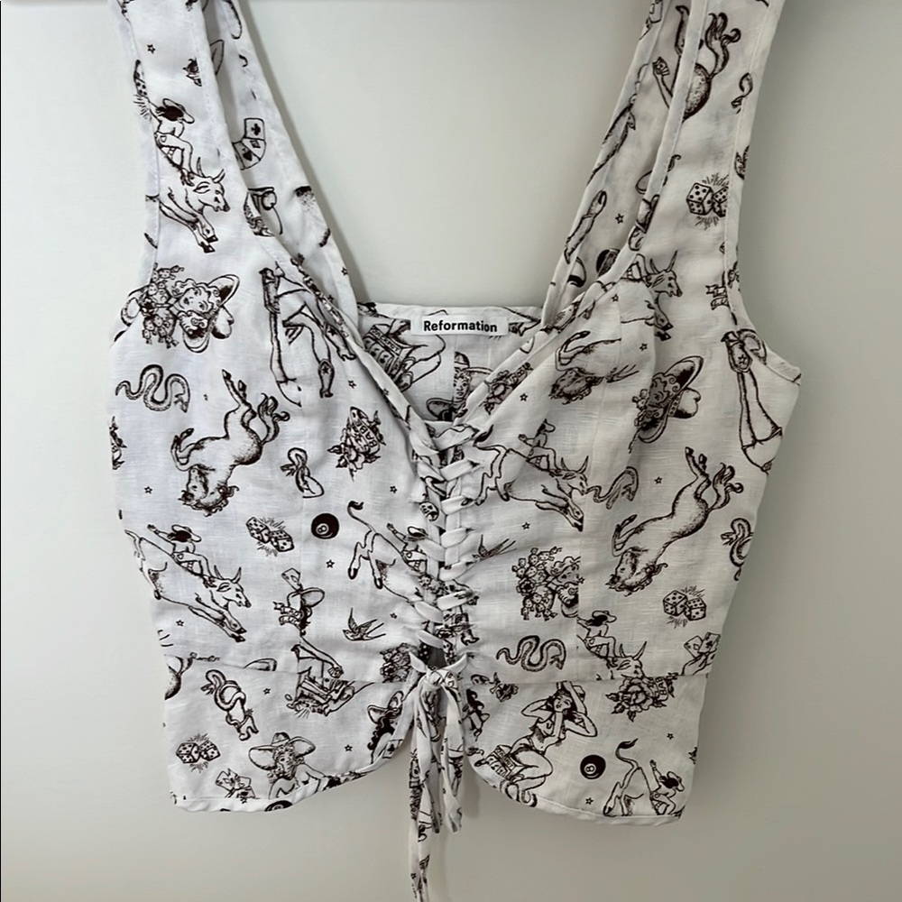 Reformation White Black Crop Tie Front Tank Top